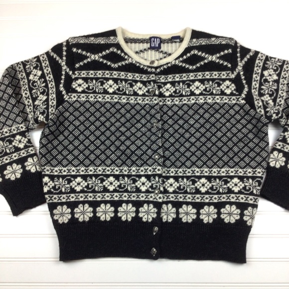 GAP 100% Wool Made in Korea Black White Button Down Cardigan - Picture 9 of 13